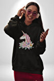 Unicorn Çiçek  Kadın Erkek  Siyah Kapüşonlu Sweatshirt Hoodie