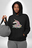 Unicorn Çiçek  Kadın Erkek  Siyah Kapüşonlu Sweatshirt Hoodie