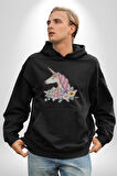 Unicorn Çiçek  Kadın Erkek  Siyah Kapüşonlu Sweatshirt Hoodie
