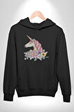 Unicorn Çiçek  Kadın Erkek  Siyah Kapüşonlu Sweatshirt Hoodie