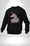 Unicorn Çiçek  Kadın Erkek  Siyah Baskılı Sweatshirt 