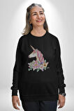 Unicorn Çiçek  Kadın Erkek  Siyah Baskılı Sweatshirt 
