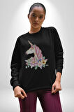 Unicorn Çiçek  Kadın Erkek  Siyah Baskılı Sweatshirt 