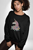 Unicorn Çiçek  Kadın Erkek  Siyah Baskılı Sweatshirt 