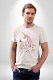 Unicorn Çiçek  Kadın Erkek Unisex Beyaz Organik Baskılı T-Shirt Penye Yüksek Kalite