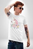 Unicorn Çiçek  Kadın Erkek Unisex Beyaz Organik Baskılı T-Shirt Penye Yüksek Kalite