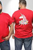 Unicorn Çiçek  Büyük Beden Kırmızı Tişört Kadın Erkek Ünisex Sırt Baskılı