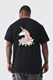 Unicorn Çiçek  Büyük Beden Siyah Tişört Kadın Erkek Ünisex Sırt Baskılı