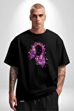 Kelebekler Kanser Günü Ve Kadınlar Günü  Pamuklu Bisiklet Yaka Kadın Erkek Oversize Boyfriend Dijital Baskılı Siyah T-shirt
