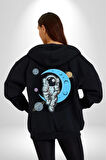 Astronot Uzayda Sıkılmış  Kadın Erkek Siyah Renk Kapüşonlu Kanguru Cepli  Fermuarlı Pamuklu Oversize Dijital Baskılı Hırka Sweatshirt