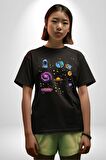 Uzay Figürleri Mars Ay Dünya Pamuklu Bisiklet Yaka Kadın Erkek Oversize Boyfriend Dijital Baskılı Siyah T-shirt