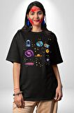 Uzay Figürleri Mars Ay Dünya Pamuklu Bisiklet Yaka Kadın Erkek Oversize Boyfriend Dijital Baskılı Siyah T-shirt