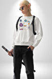Uzay Figürleri Mars Ay Dünya Kadın Erkek  Beyaz Baskılı Sweatshirt 
