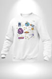 Uzay Figürleri Mars Ay Dünya Kadın Erkek  Beyaz Baskılı Sweatshirt 