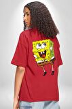 Spongebob Mutlu Karakter  Kırmızı Oversize Kadın Erkek Ön ve Sırt Baskılı Tişört