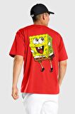Spongebob Mutlu Karakter  Kırmızı Oversize Kadın Erkek Ön ve Sırt Baskılı Tişört