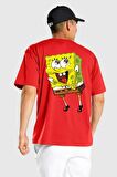 Spongebob Mutlu Karakter  Kırmızı Oversize Kadın Erkek Ön ve Sırt Baskılı Tişört