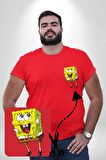 Spongebob Mutlu Karakter  Kırmızı Büyük Beden Kadın Basic Minimal Baskılı Tişört