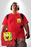 Spongebob Mutlu Karakter  Kırmızı Büyük Beden Kadın Basic Minimal Baskılı Tişört