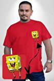 Spongebob Mutlu Karakter  Kırmızı Büyük Beden Kadın Basic Minimal Baskılı Tişört