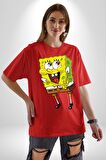 Spongebob Mutlu Karakter  Pamuklu Bisiklet Yaka Kadın Erkek Oversize Boyfriend Dijital Baskılı Kırmızı T-Shirt