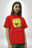 Spongebob Mutlu Karakter  Pamuklu Bisiklet Yaka Kadın Erkek Oversize Boyfriend Dijital Baskılı Kırmızı T-Shirt