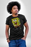 Spongebob Mutlu Karakter  Kadın Erkek Unisex Siyah Organik Baskılı T-Shirt Penye Yüksek Kalite