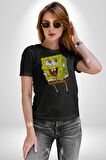 Spongebob Mutlu Karakter  Kadın Erkek Unisex Siyah Organik Baskılı T-Shirt Penye Yüksek Kalite