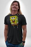 Spongebob Mutlu Karakter  Kadın Erkek Unisex Siyah Organik Baskılı T-Shirt Penye Yüksek Kalite