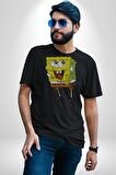 Spongebob Mutlu Karakter  Kadın Erkek Unisex Siyah Organik Baskılı T-Shirt Penye Yüksek Kalite