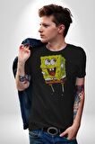 Spongebob Mutlu Karakter  Kadın Erkek Unisex Siyah Organik Baskılı T-Shirt Penye Yüksek Kalite