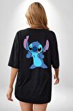 Lilo and Stitch Çizgi Film Animasyon  Siyah Oversize Kadın Erkek Ön ve Sırt Baskılı Tişört