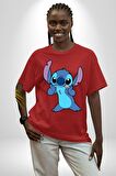 Lilo and Stitch Çizgi Film Animasyon  Pamuklu Bisiklet Yaka Kadın Erkek Oversize Boyfriend Dijital Baskılı Kırmızı T-shirt