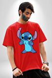 Lilo and Stitch Çizgi Film Animasyon  Pamuklu Bisiklet Yaka Kadın Erkek Oversize Boyfriend Dijital Baskılı Kırmızı T-shirt