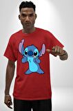 Lilo and Stitch Çizgi Film Animasyon  Pamuklu Bisiklet Yaka Kadın Erkek Oversize Boyfriend Dijital Baskılı Kırmızı T-shirt