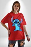 Lilo and Stitch Çizgi Film Animasyon  Pamuklu Bisiklet Yaka Kadın Erkek Oversize Boyfriend Dijital Baskılı Kırmızı T-shirt