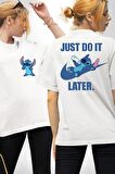 DO IT LATER Stitch Biberon Animasyon Beyaz Oversize Kadın Erkek Ön ve Sırt Baskılı Tişört