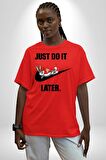 Just Do It Later Nike Bug Bunny Pamuklu Bisiklet Yaka Kadın Erkek Oversize Boyfriend Dijital Baskılı Kırmızı T-shirt