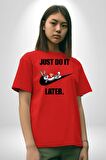 Just Do It Later Nike Bug Bunny Pamuklu Bisiklet Yaka Kadın Erkek Oversize Boyfriend Dijital Baskılı Kırmızı T-shirt