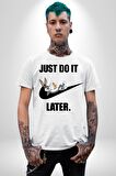 Just Do It Later Nike Bug Bunny Kadın Erkek Unisex Beyaz Organik Baskılı T-Shirt Penye Yüksek Kalite