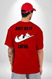 Snoopy Uyku Just Do İt Later Kırmızı Oversize Kadın Erkek Ön ve Sırt Baskılı Tişört