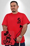 I love Mickey Kırmızı Büyük Beden Kadın Basic Minimal Baskılı Tişört