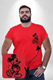 I love Mickey Kırmızı Büyük Beden Kadın Basic Minimal Baskılı Tişört