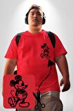 I love Mickey Kırmızı Büyük Beden Kadın Basic Minimal Baskılı Tişört