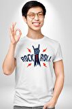 Rock And Roll Rock El İşareti Kadın Erkek Unisex Beyaz Organik Baskılı T-Shirt Penye Yüksek Kalite