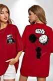 Bebek Darth Vader Balon Gezegen Kırmızı Oversize Kadın Erkek Ön ve Sırt Baskılı Tişört
