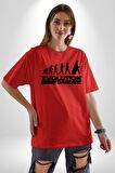 Evrim Yıldız Savaşları İnsanlık Pamuklu Bisiklet Yaka Kadın Erkek Oversize Boyfriend Dijital Baskılı Kırmızı T-shirt