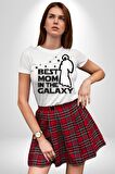Galaksideki En İyi Anne Kadın Erkek Unisex Beyaz Organik Baskılı T-Shirt Penye Yüksek Kalite
