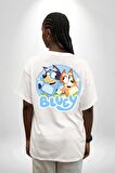 Bluey  Beyaz Oversize Kadın Erkek Ön ve Sırt Baskılı Tişört