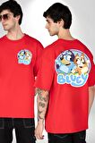Bluey  Kırmızı Oversize Kadın Erkek Ön ve Sırt Baskılı Tişört